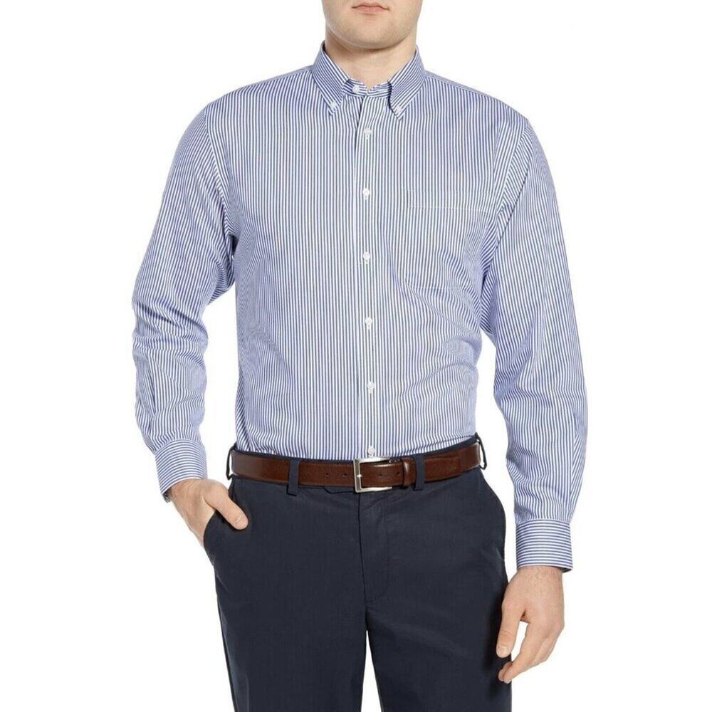 Nordstrom Men’s Smartcare Blue White Stripe Dress Shirt Traditional Fit 17 34